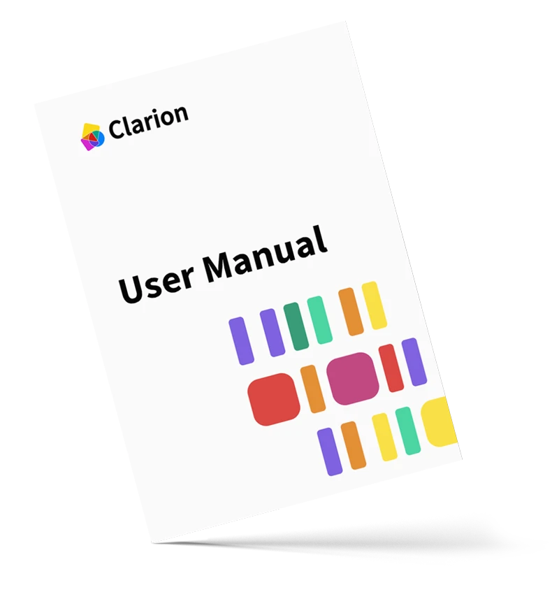 Clarion user manual cover showing the logo and coloured shapes