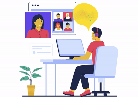 Graphic illustration of a Clarion webinar with a diverse audience.