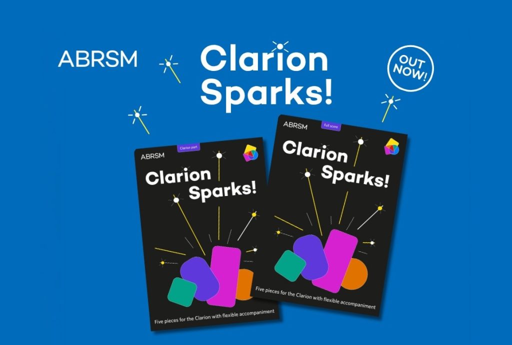 Graphic of the collection covers showing sparks coming out of Clarion coloured shapes on a black background. Text says "Five pieces for the Clarion with flexible accompaniment". One booklet says "Clarion part", the other says "Full score".
